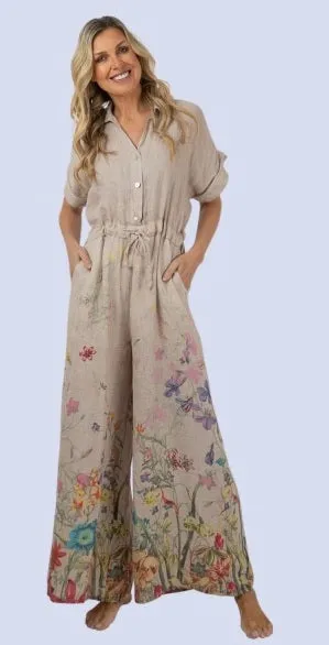 Linen Jumpsuit Natural Floral