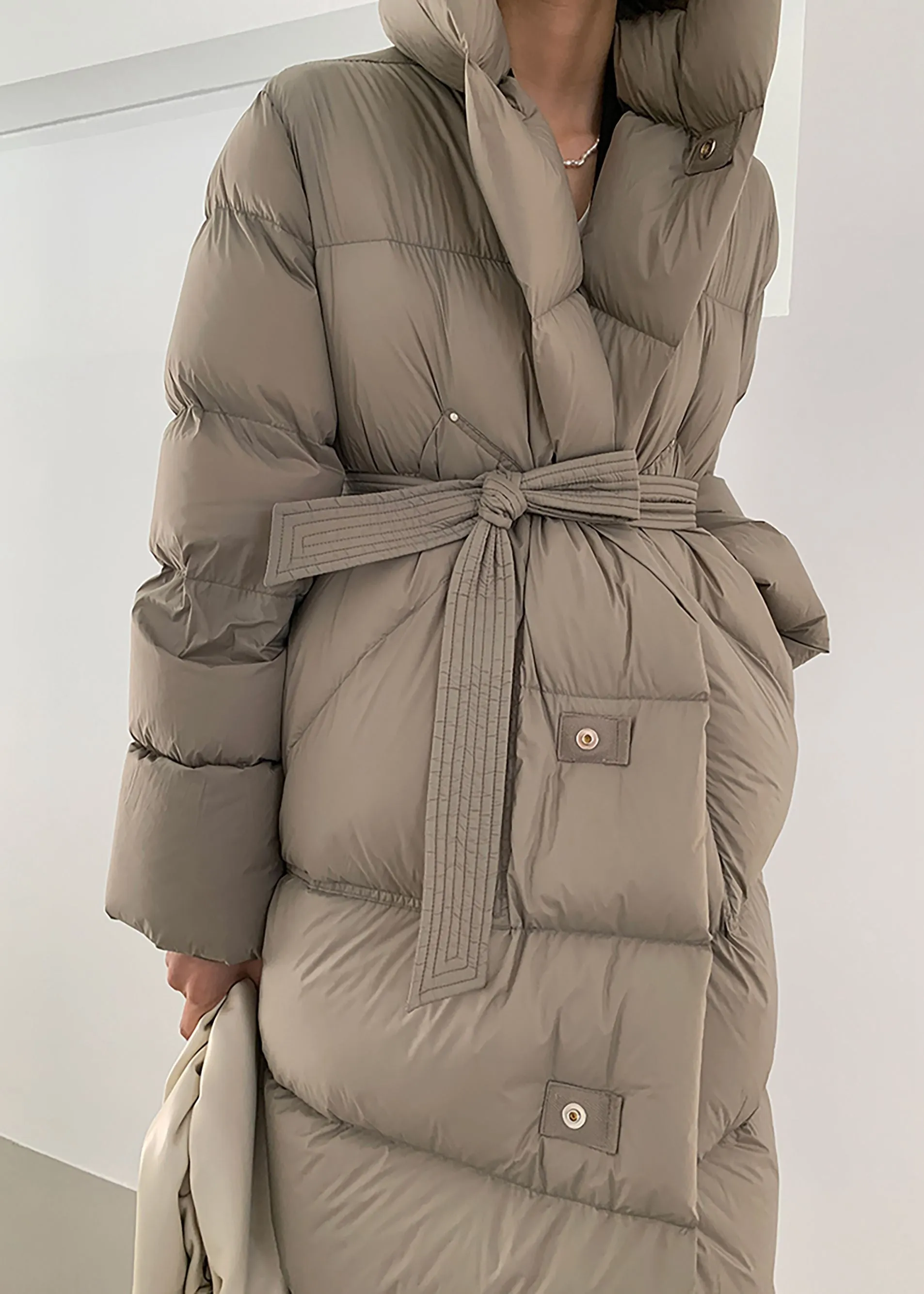 Long Belted Hooded Goose Down Coat