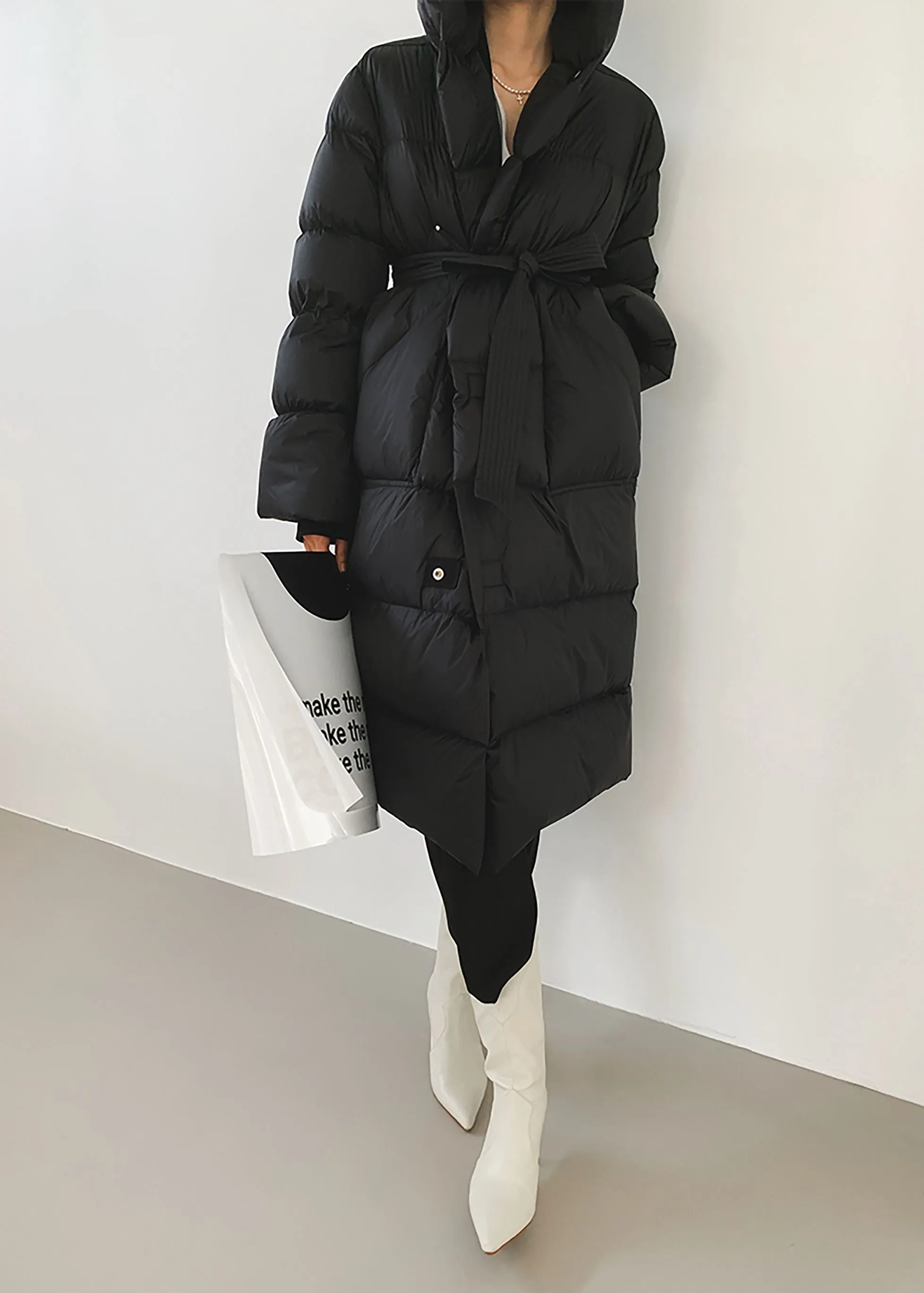 Long Belted Hooded Goose Down Coat