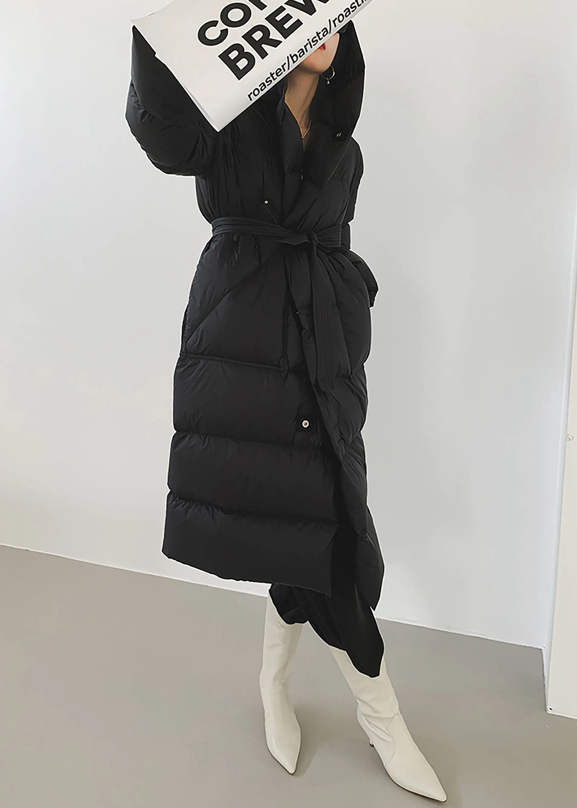 Long Belted Hooded Goose Down Coat