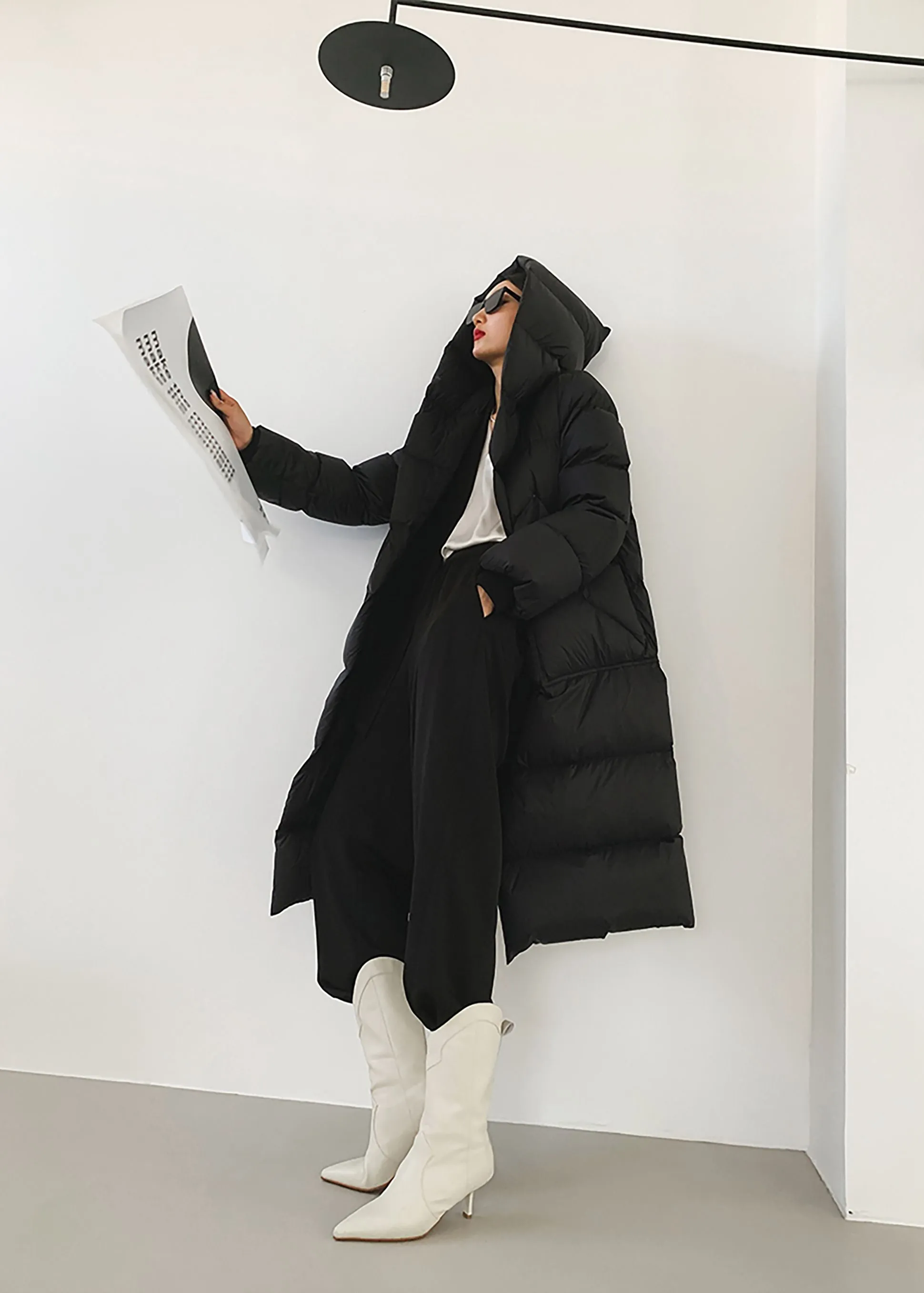 Long Belted Hooded Goose Down Coat