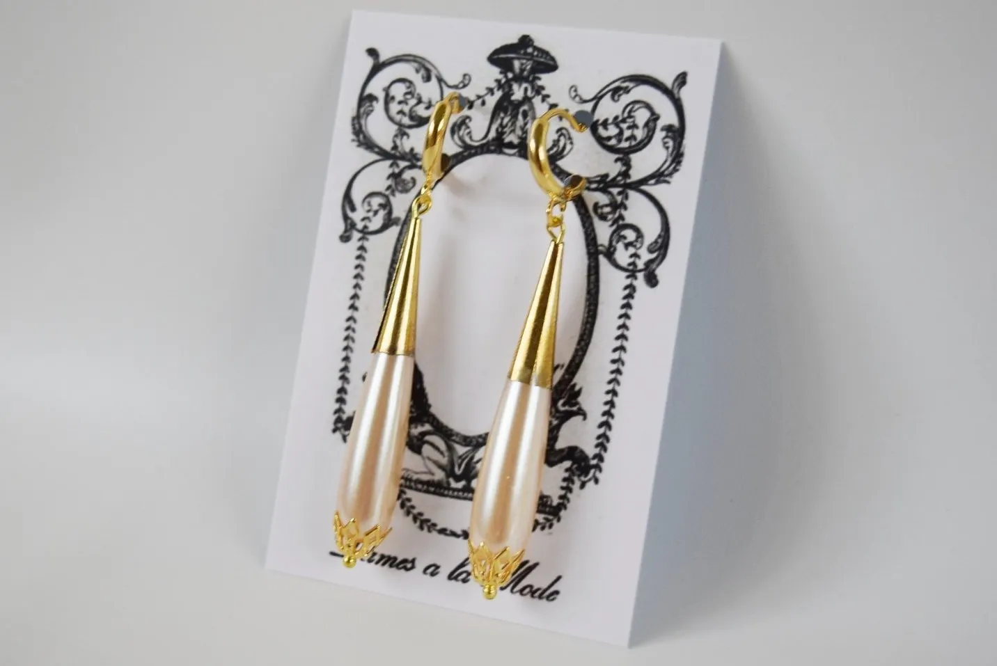 Long Pearl Teardrop Earrings with Golden Cap