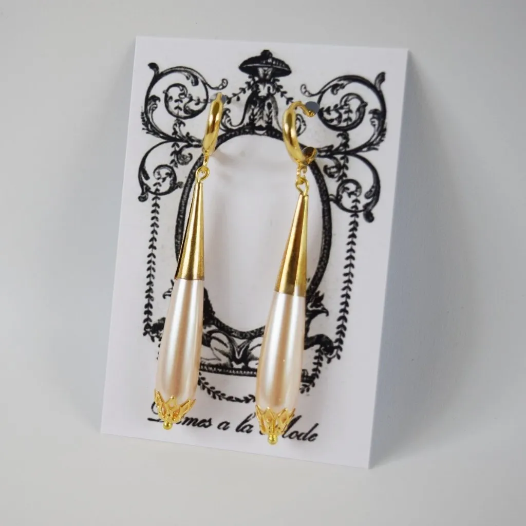 Long Pearl Teardrop Earrings with Golden Cap