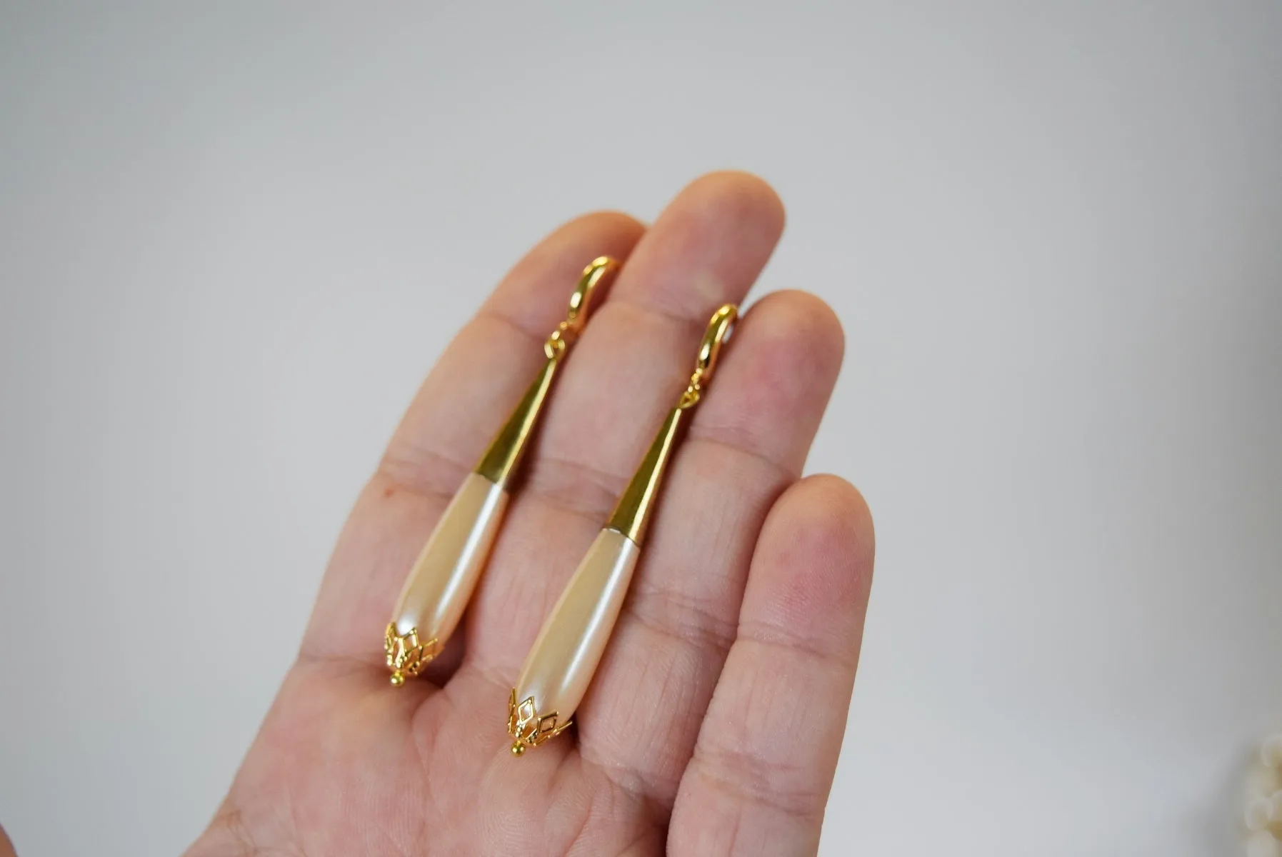 Long Pearl Teardrop Earrings with Golden Cap