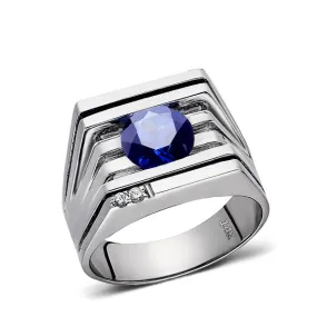 Mens Solid 14K White Gold Ring with Sapphire and 2 DIAMOND Accents