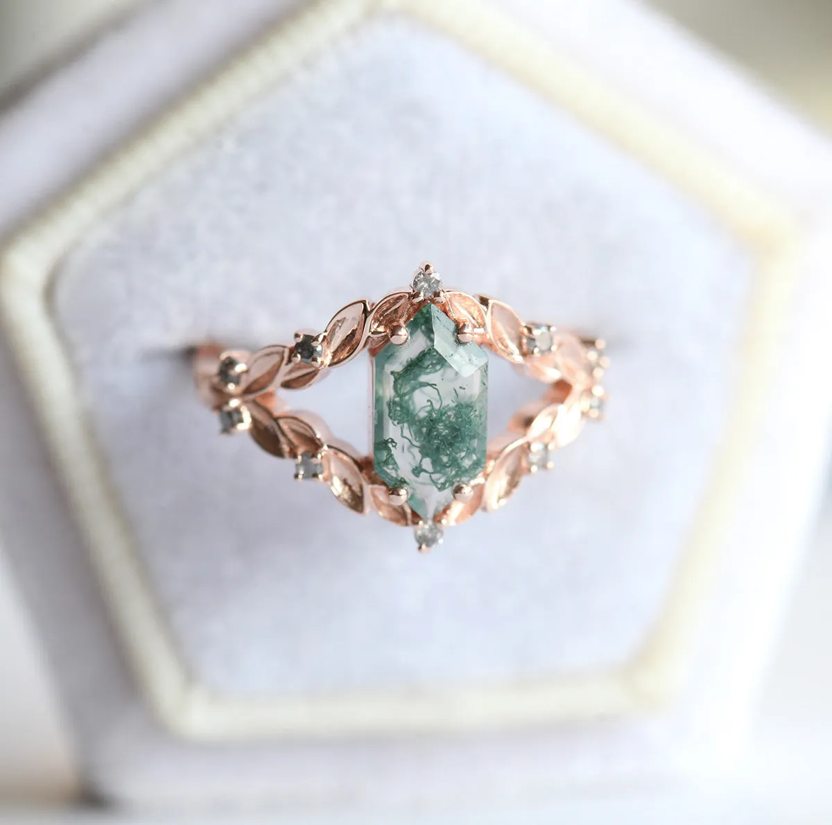 Meredith Hexagon Moss Agate Ring With Salt & Pepper Diamonds