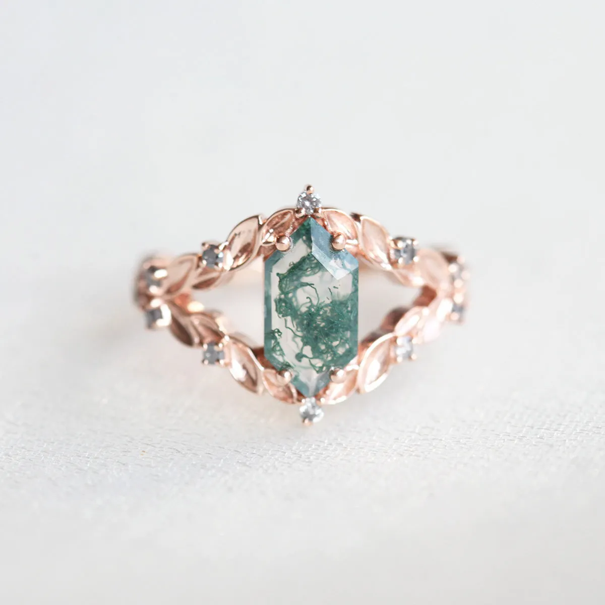 Meredith Hexagon Moss Agate Ring With Salt & Pepper Diamonds