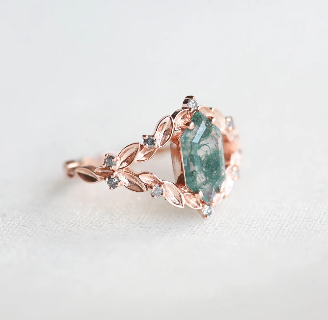 Meredith Hexagon Moss Agate Ring With Salt & Pepper Diamonds