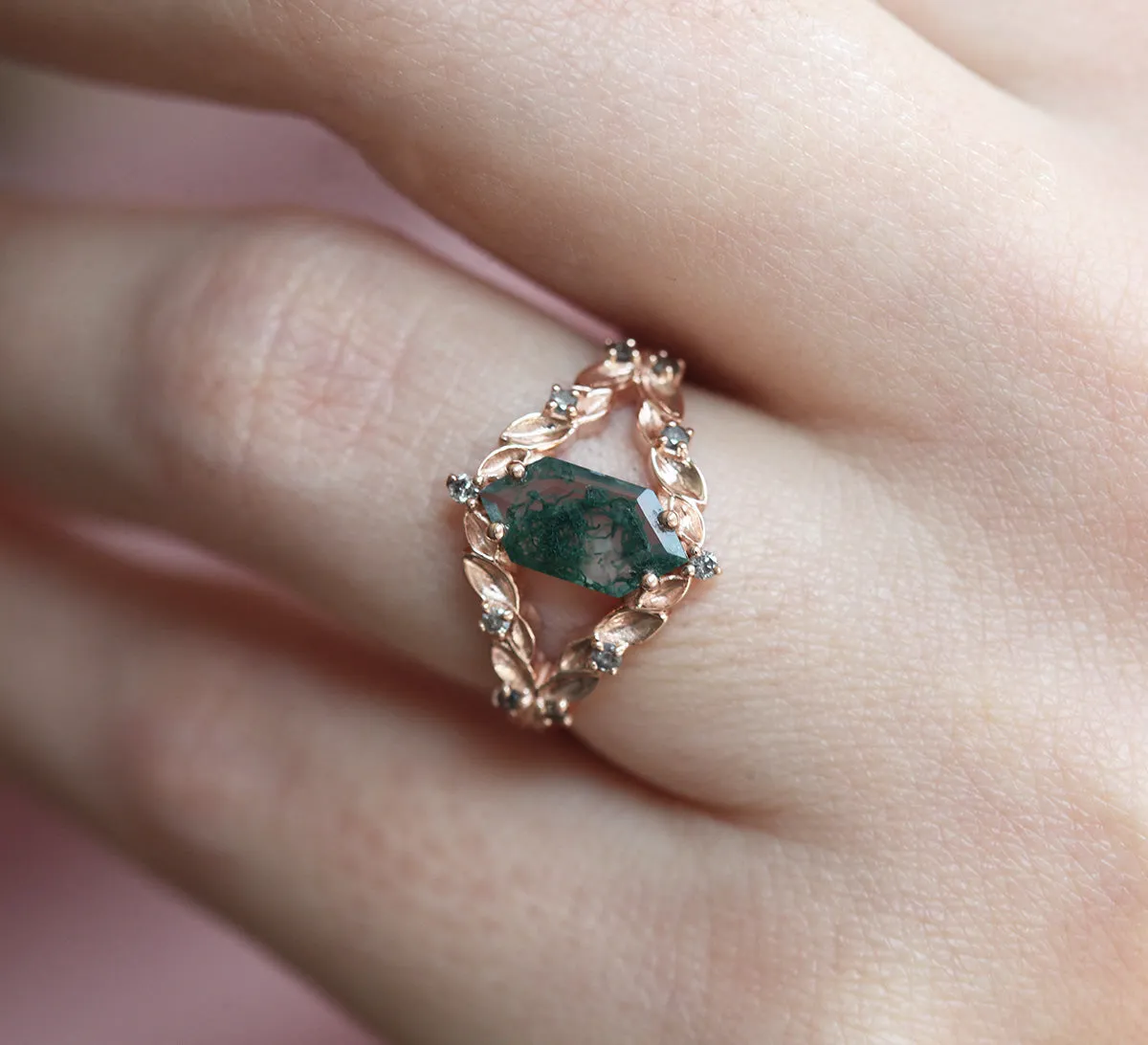 Meredith Hexagon Moss Agate Ring With Salt & Pepper Diamonds