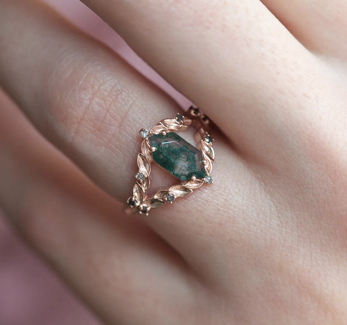 Meredith Hexagon Moss Agate Ring With Salt & Pepper Diamonds