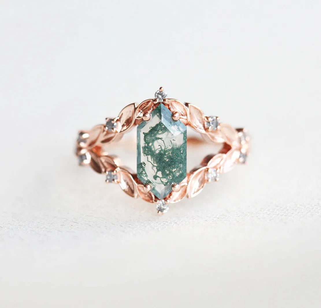 Meredith Hexagon Moss Agate Ring With Salt & Pepper Diamonds