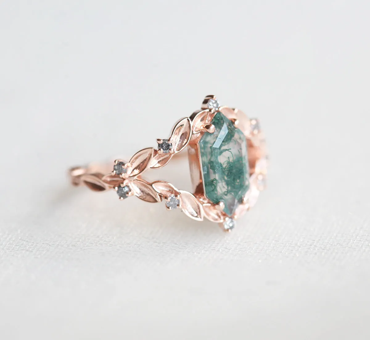 Meredith Hexagon Moss Agate Ring With Salt & Pepper Diamonds