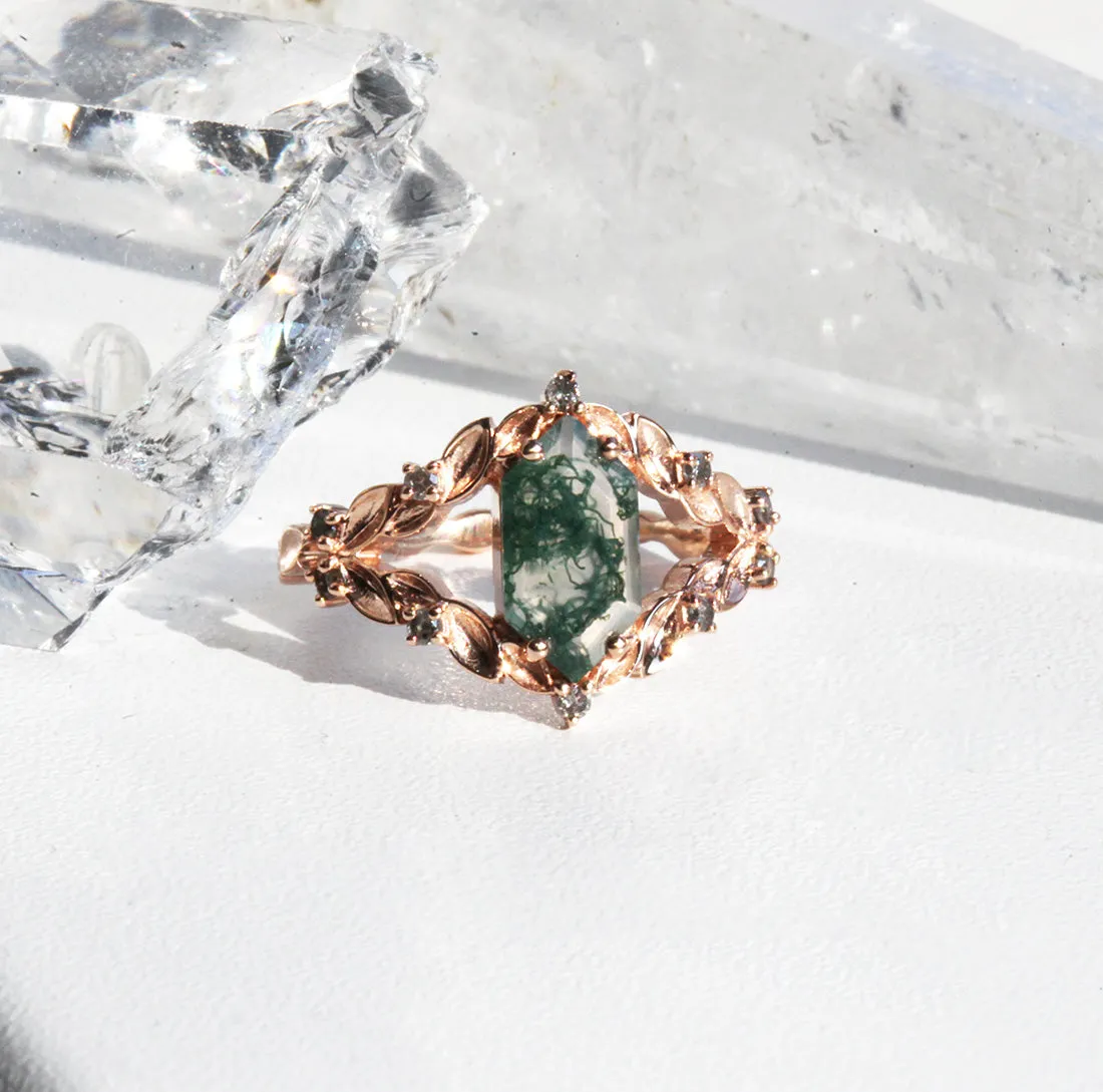 Meredith Hexagon Moss Agate Ring With Salt & Pepper Diamonds