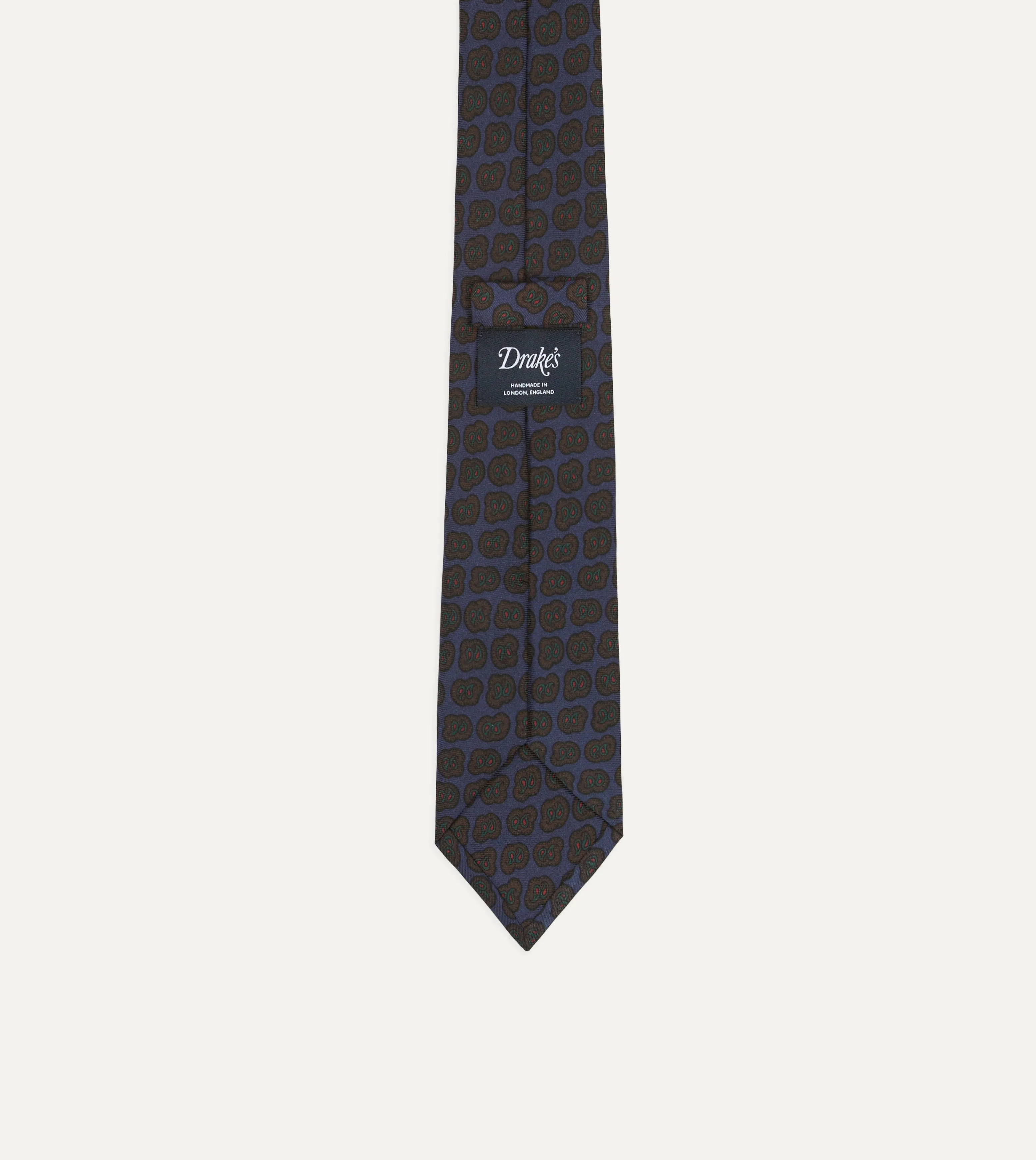 Navy and Brown Paisley Double Leaf Print Silk Self-Tipped Tie