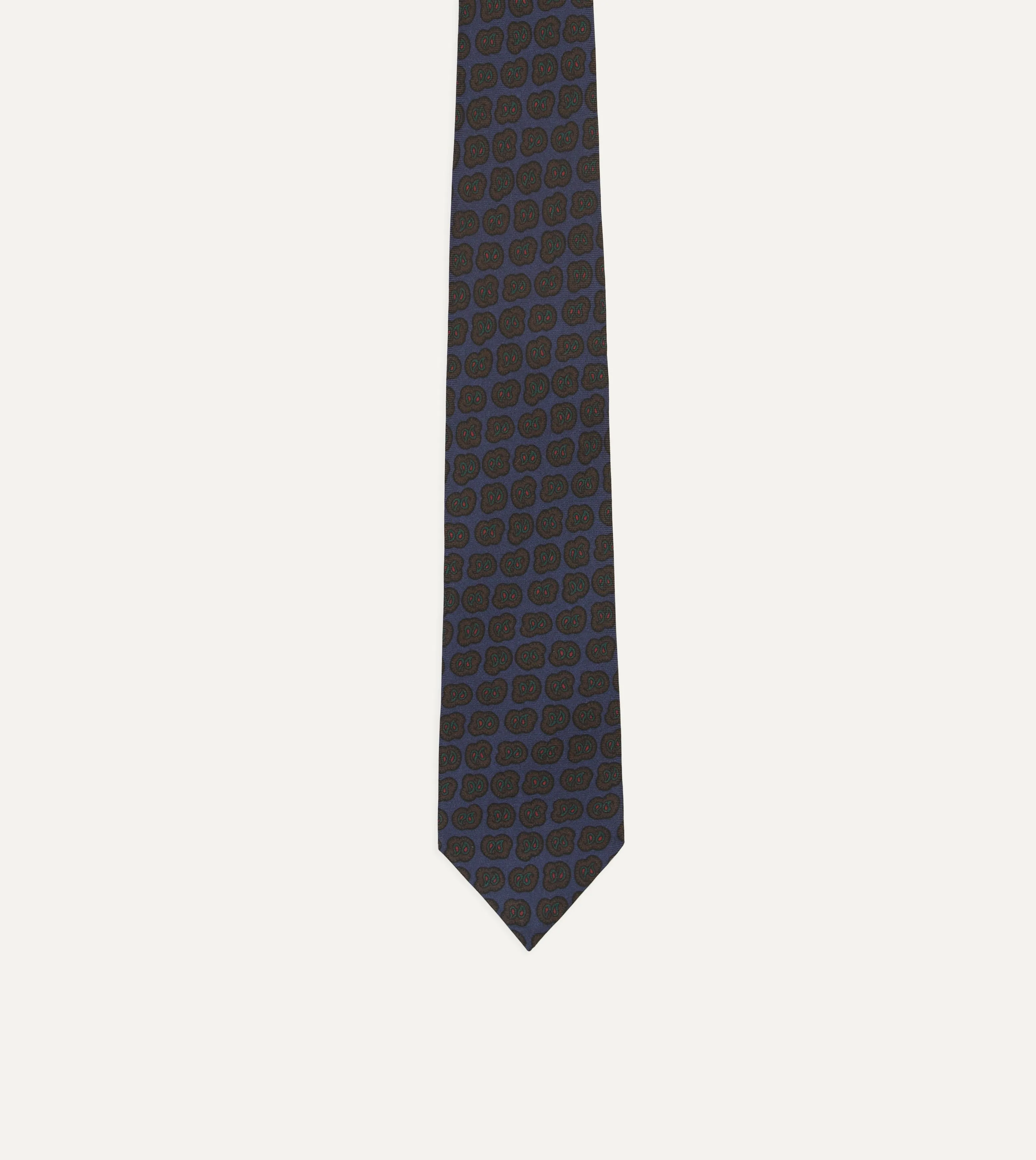 Navy and Brown Paisley Double Leaf Print Silk Self-Tipped Tie