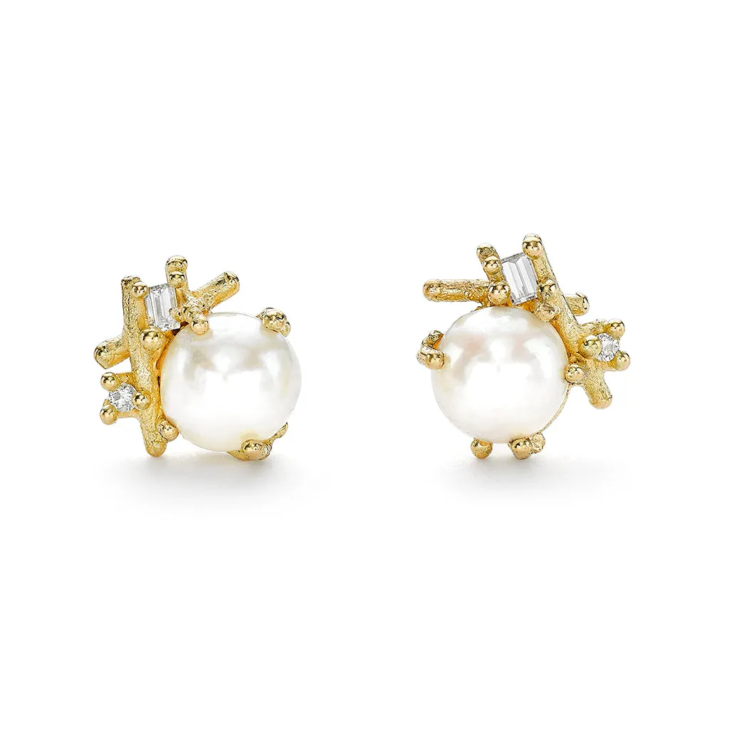 Pearl and Baguette Diamond Encrusted Studs