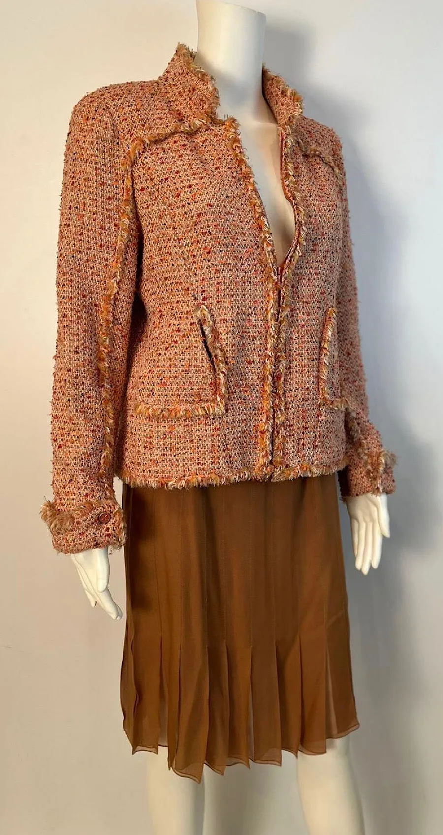 Rare Chanel 04P 2004 Spring Peach Pink Tweed Zip Up Jacket FR 38 US 4/6