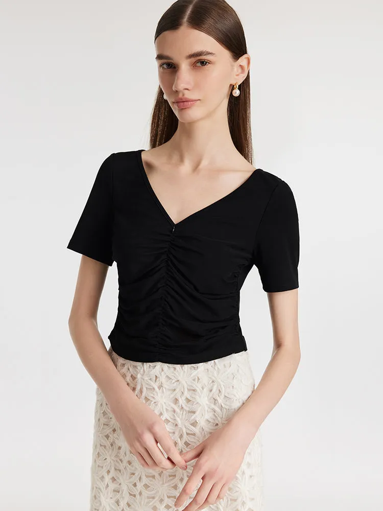 Ruched Women Knitted Top With Detachable 3D Rose