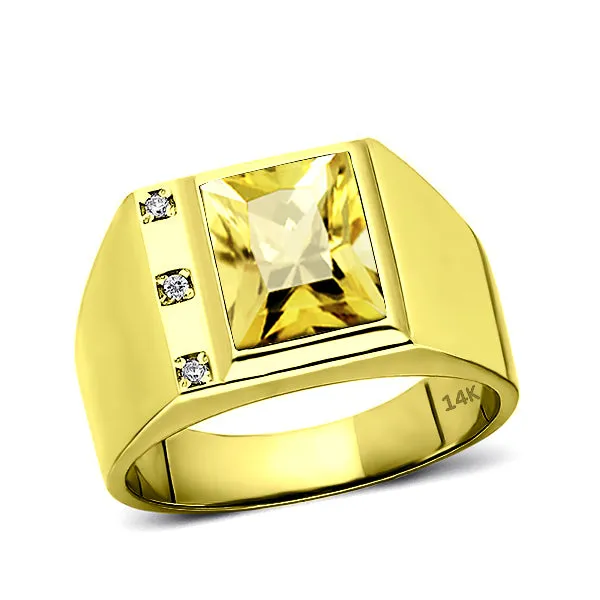 Solid 14K Gold Yellow Citrine Ring 0.06ct Natural Diamonds Fine Men's Ring