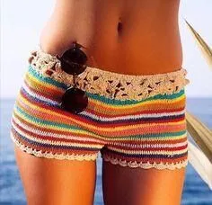 Split Swimsuit Women Clothing Color Striped Hand Crocheting Bikini Shorts Knitted Sexy Swimsuit