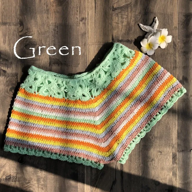 Split Swimsuit Women Clothing Color Striped Hand Crocheting Bikini Shorts Knitted Sexy Swimsuit