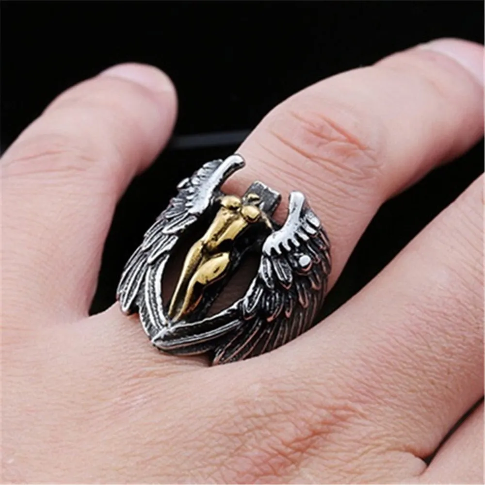 Stainless Steel Guardian Angel Eagle Wings Ring