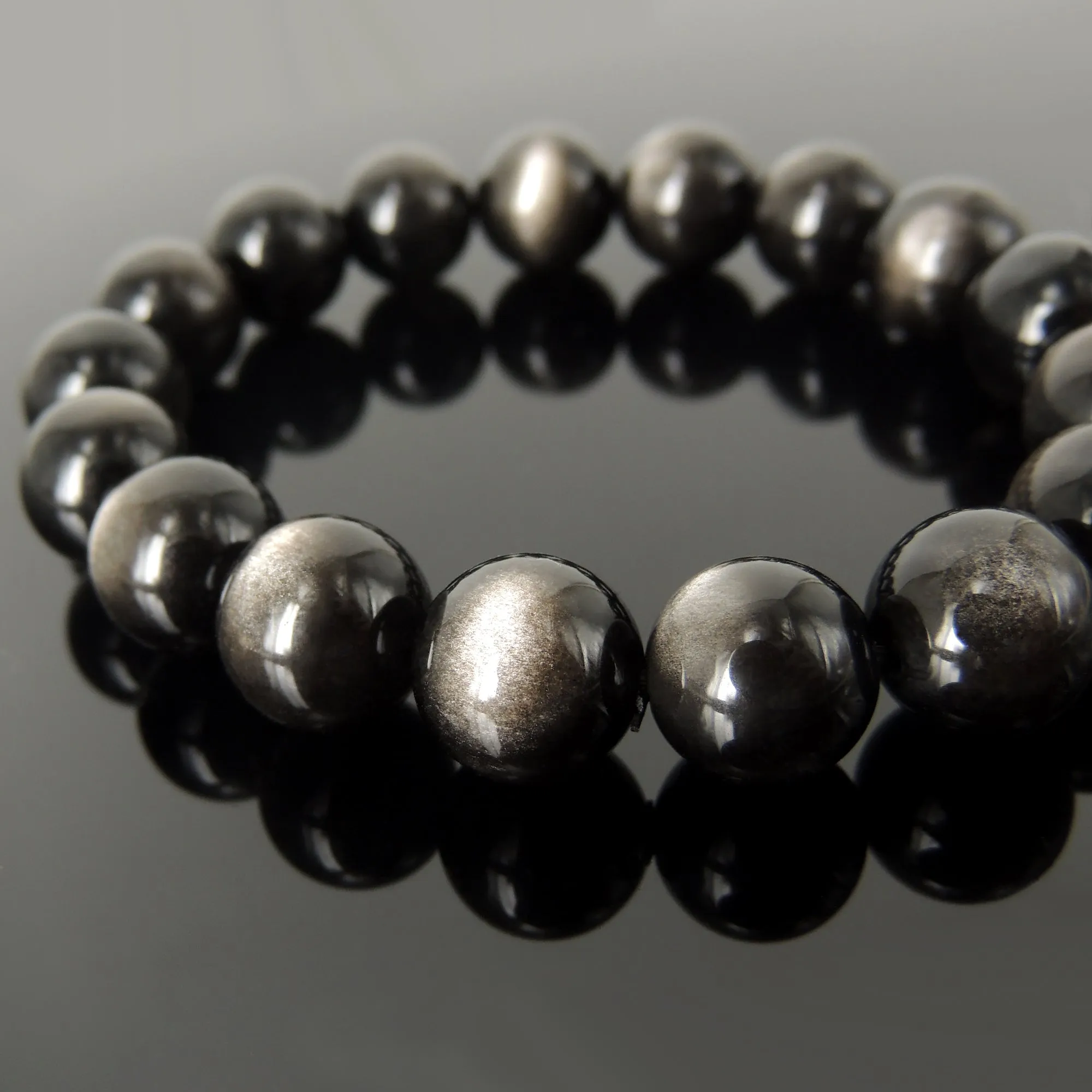 Top Grade Silver Sheen Obsidian Bracelet | Handmade 12mm Large Beaded Men Women Reiki Healing Stone | 1st Root Chakra Remove Negativity