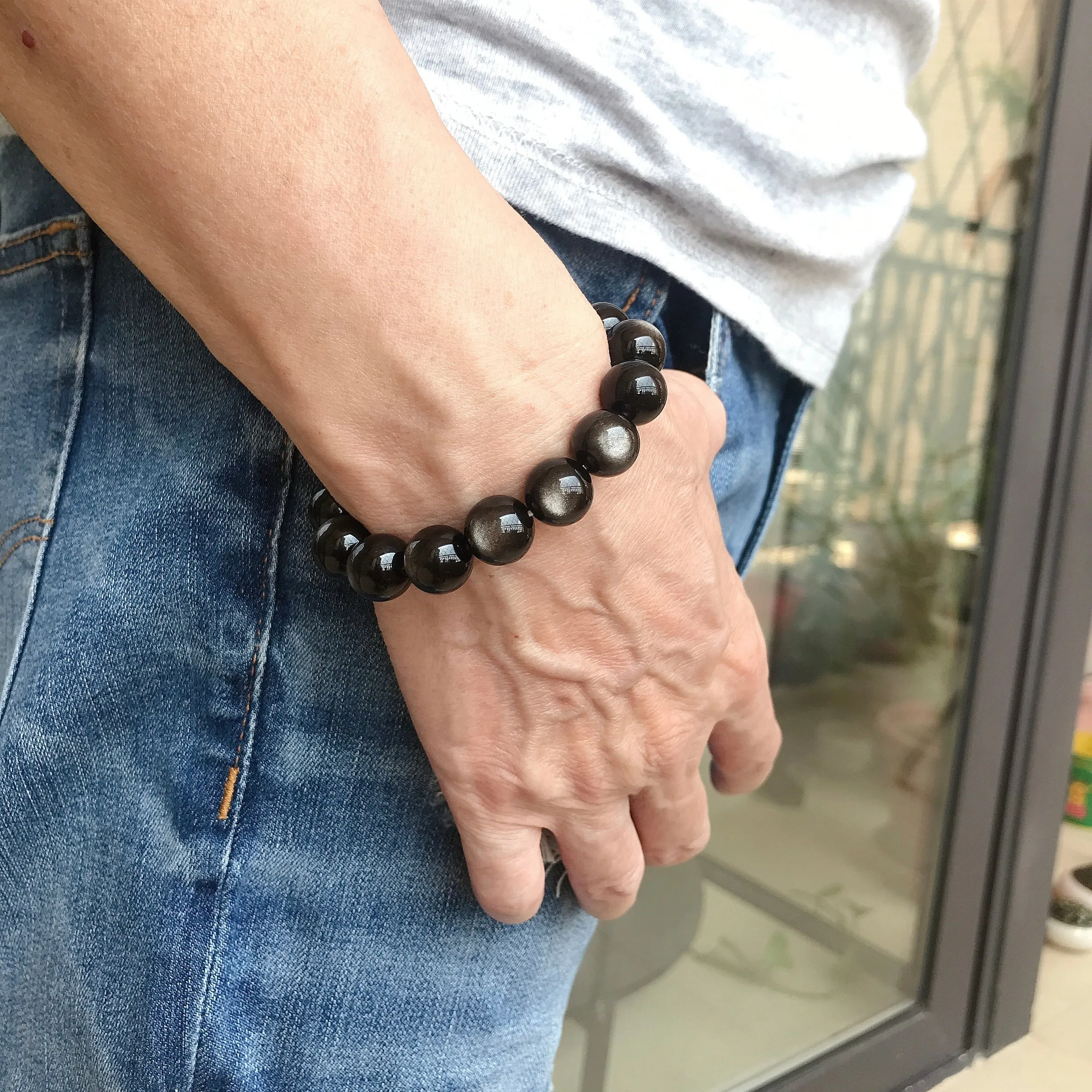 Top Grade Silver Sheen Obsidian Bracelet | Handmade 12mm Large Beaded Men Women Reiki Healing Stone | 1st Root Chakra Remove Negativity