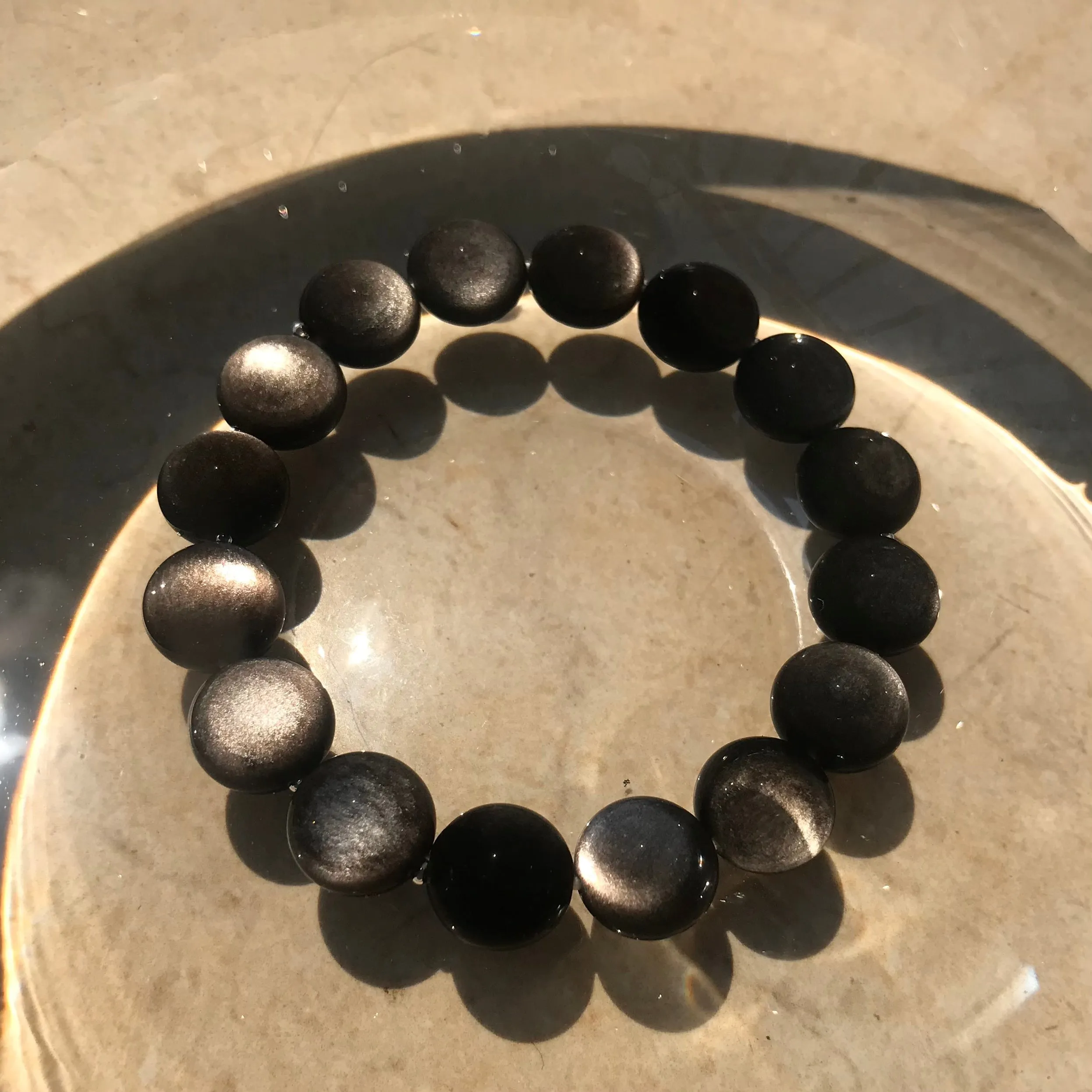 Top Grade Silver Sheen Obsidian Bracelet | Handmade 12mm Large Beaded Men Women Reiki Healing Stone | 1st Root Chakra Remove Negativity