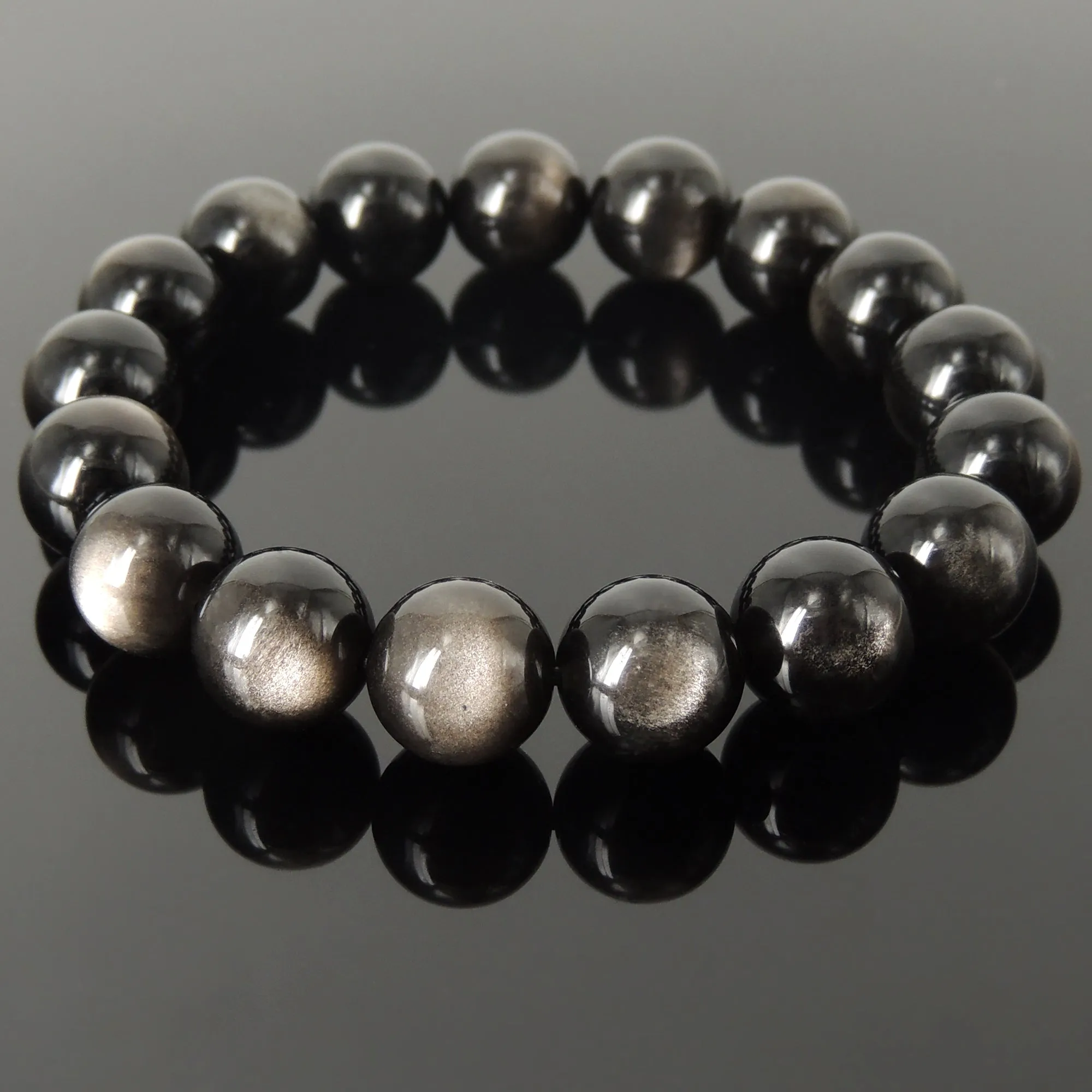 Top Grade Silver Sheen Obsidian Bracelet | Handmade 12mm Large Beaded Men Women Reiki Healing Stone | 1st Root Chakra Remove Negativity