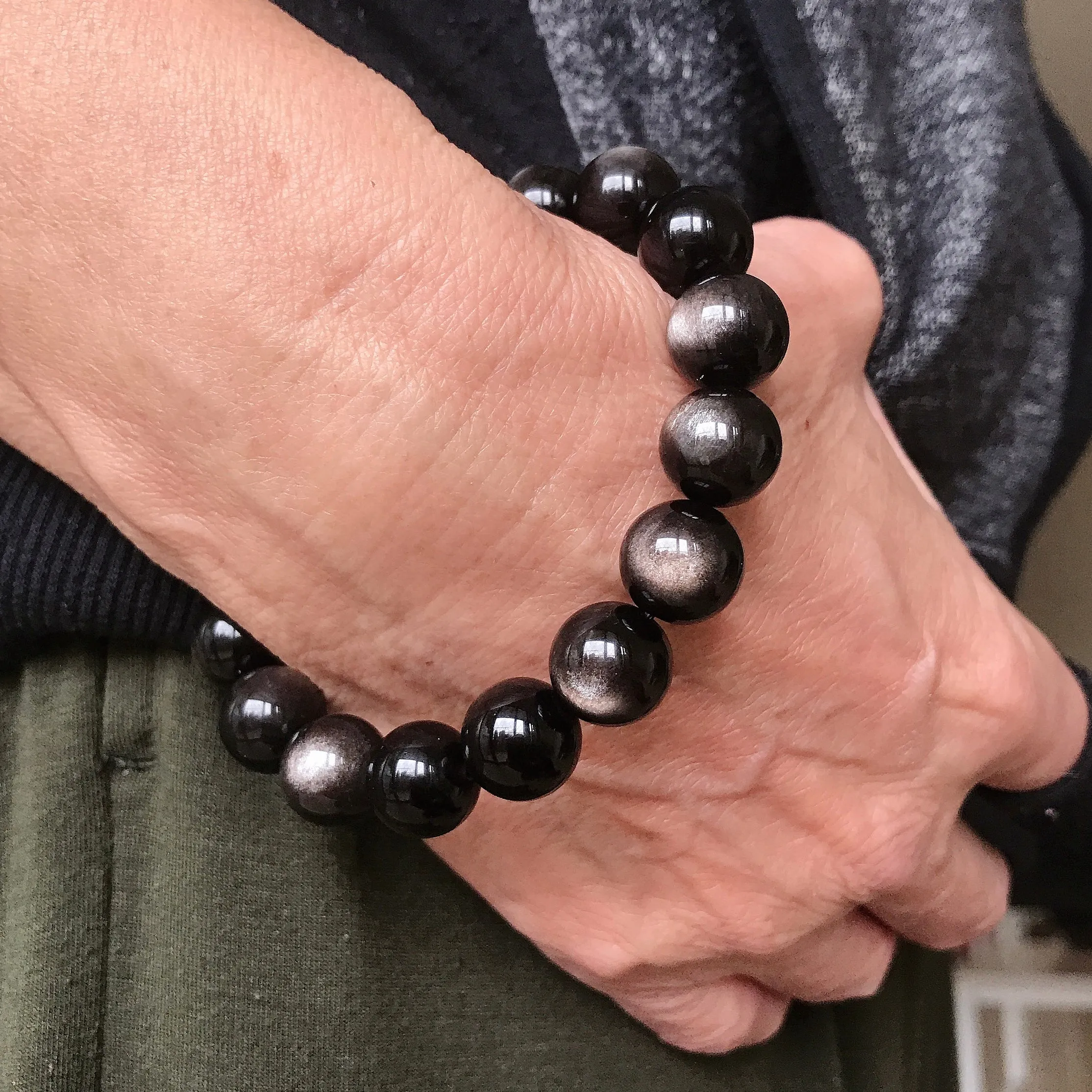 Top Grade Silver Sheen Obsidian Bracelet | Handmade 12mm Large Beaded Men Women Reiki Healing Stone | 1st Root Chakra Remove Negativity