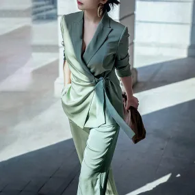 Women 2 piece Sets,Women's Long Sleeve Shirt Pants,Blouses & Crop Wide Leg pants,Top Shirt Sets,Green Blouses Pants Sets,Office lady wear