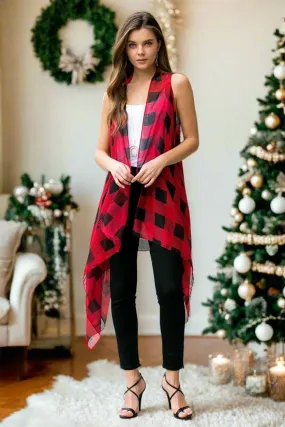 Womens Plaid Kimono Duster Vest Red/Black Size OS